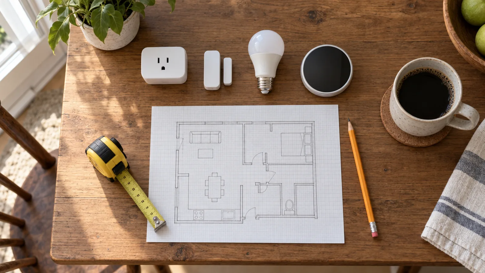 Planning a smart home on a kitchen table with a room sketch, tape measure and a few unbranded smart devices