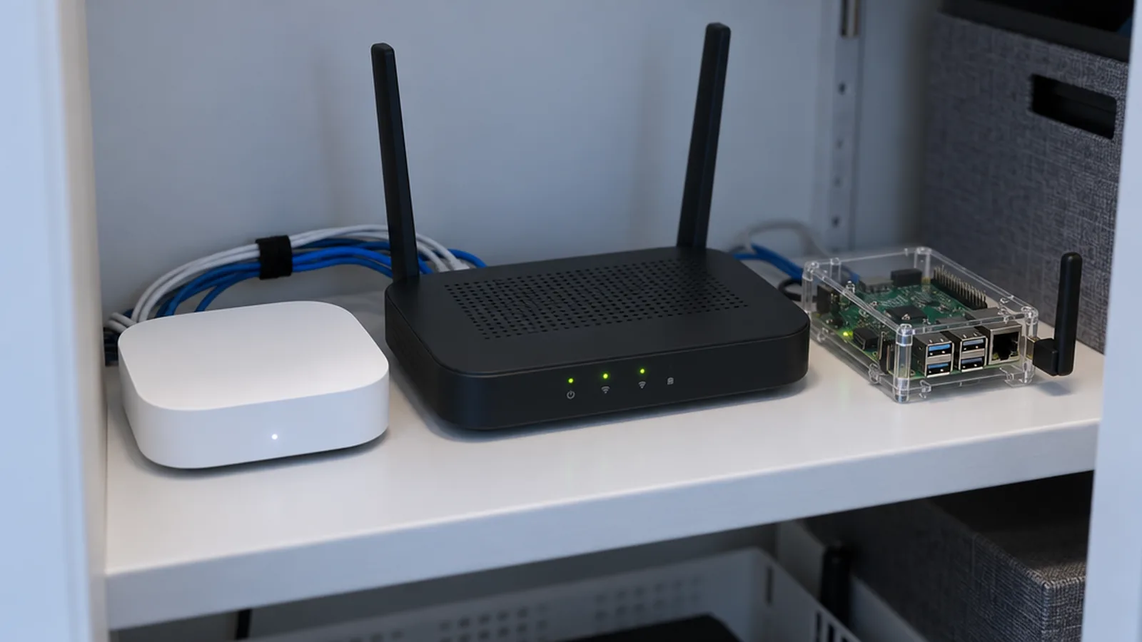 A small smart home hub, Wi-Fi router and single-board computer connected by neat cables on a closet shelf