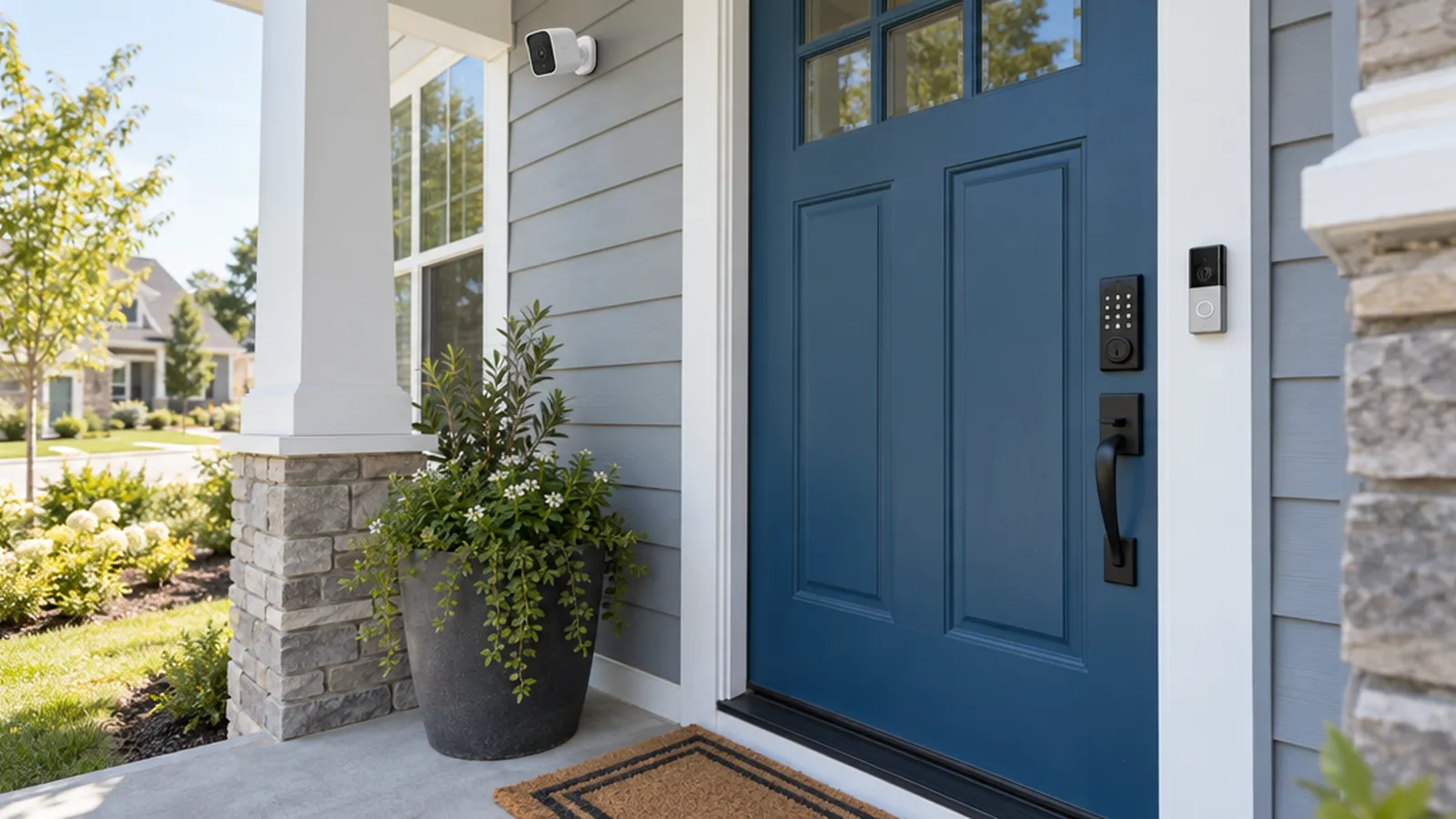 A blue front door with a keypad smart lock, a video doorbell on the trim and a security camera mounted above