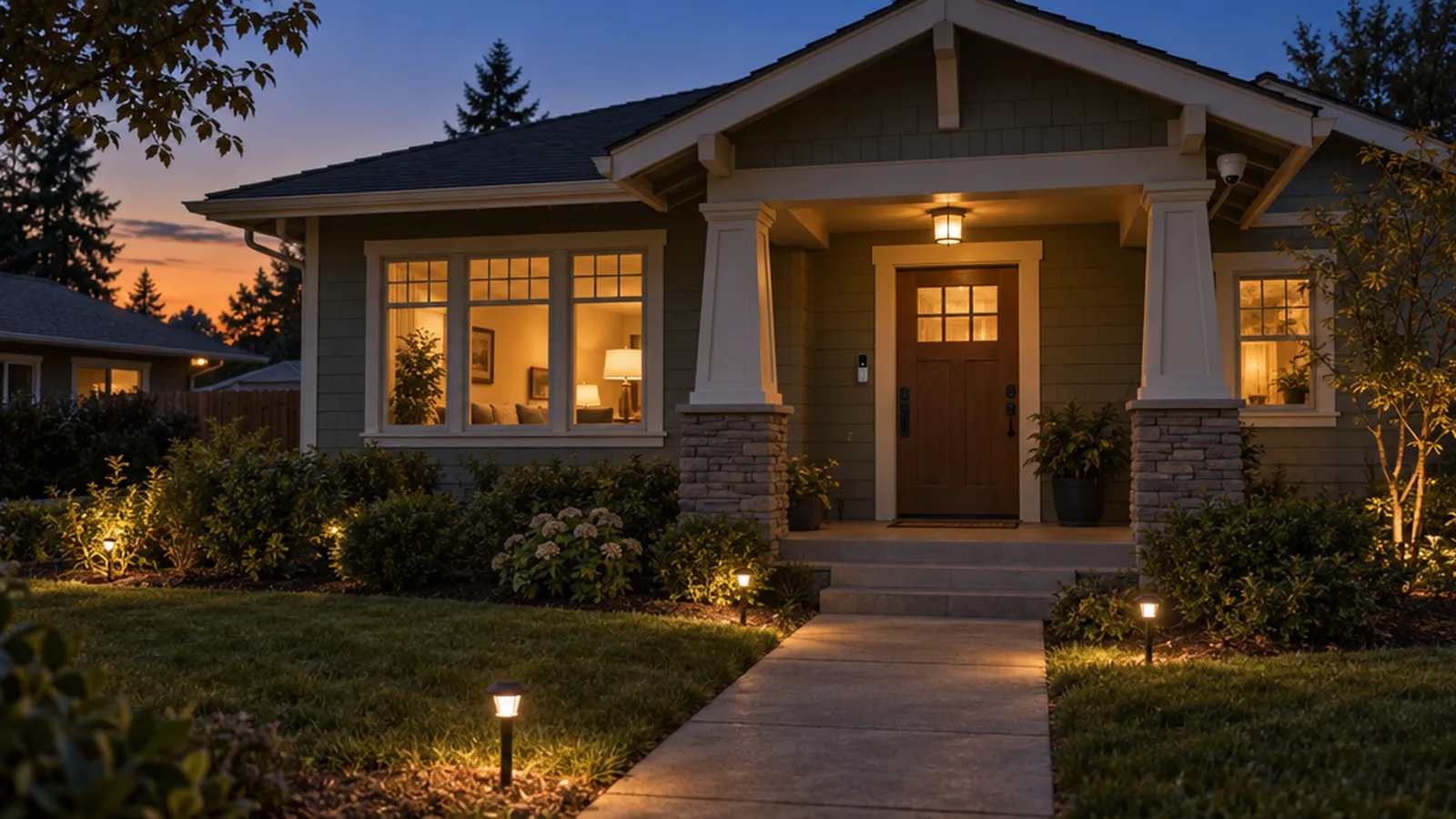 A Craftsman-style house at dusk with warm interior lights, a video doorbell beside the front door and a small camera under the eave